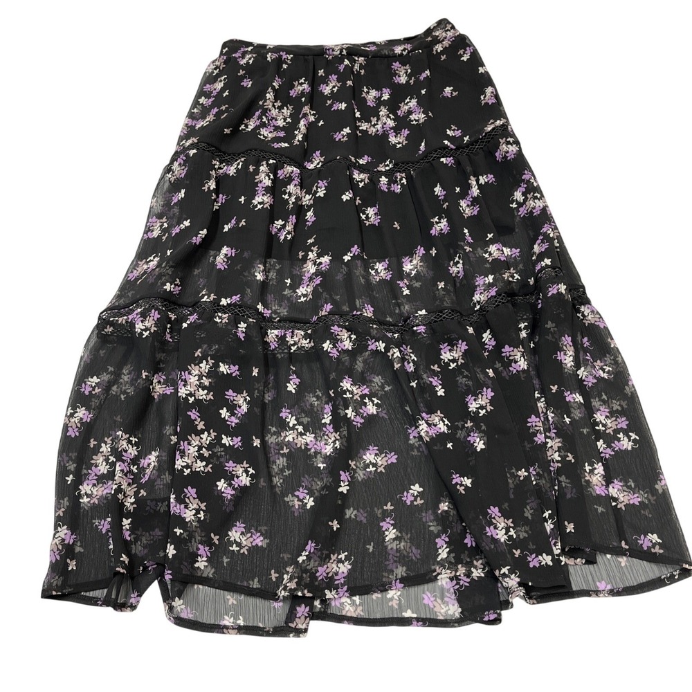 Express Skirt Womens M Black Floral Sheer Chiffon Crochet Trim Pull On‎ Boho